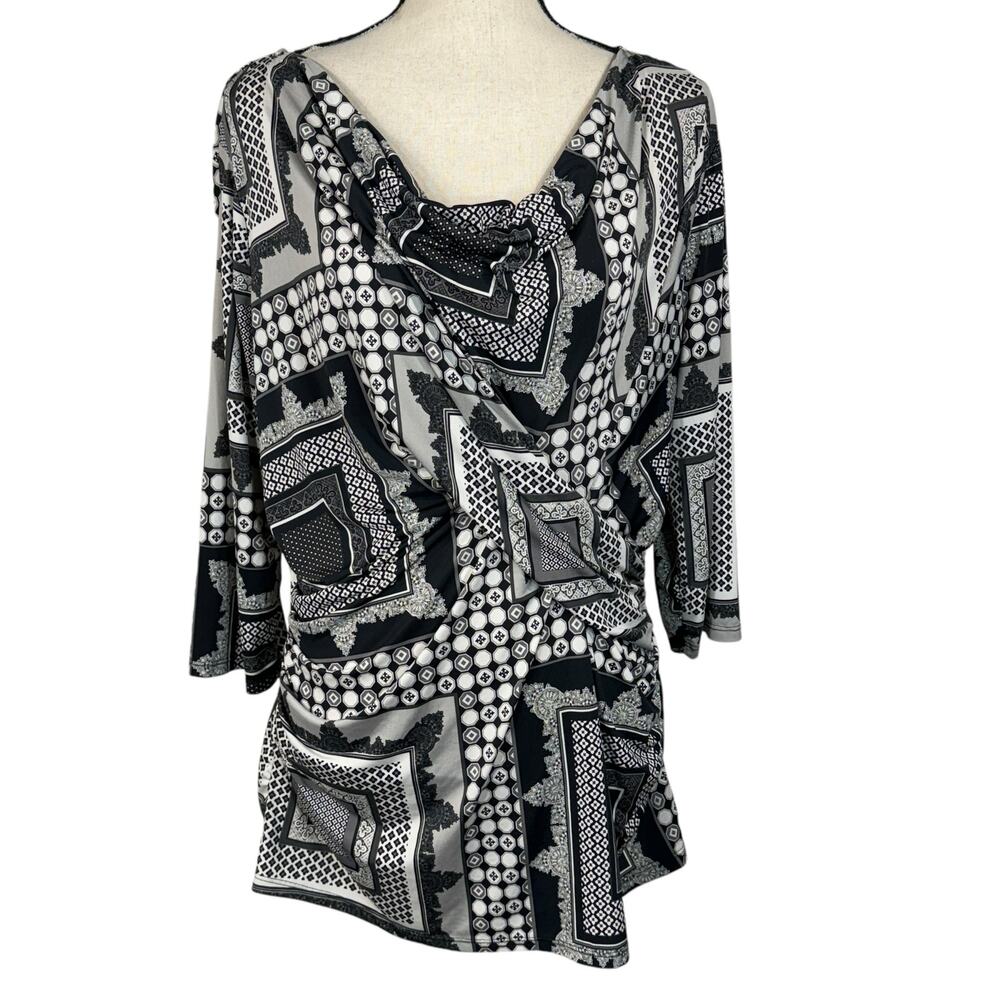Worthington X-Large Top Geometric Draped Neck Ruched Side Stretch Lightweight